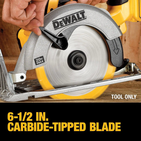 Cordless Sidewinder 20V Max Circular Saw With 6-1/2 Inch Blade, 5150 RPM Power, magnesium shoe in use on wood surface