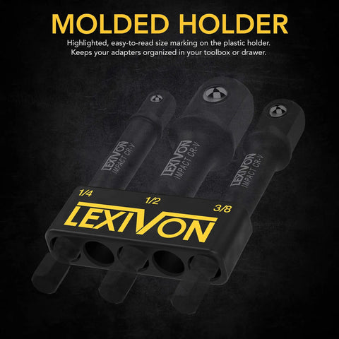 Two Pack Beefy Impact Grade Socket Adapters With Three Inch Extension Bit And Holder For Your Power Drill To Handle Heavy Duty High Torque Wrench Work, Includes One Quarter, Three Eighths, And One Half Inch Drive, Chrome Vanadium Steel in molded holder