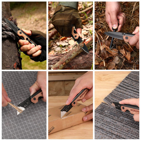 WORKPRO 2-in-1 folding knife/box cutter with wood-grain handle; side view cutting tree bark.
WORKPRO 2-in-1 knife close-up cutting a branch; belt clip visible.
WORKPRO 2-in-1 knife side view slicing leaves in a mulch bed.
WORKPRO 2-in-1 knife with wood handle trimming twine on cutting mat.
Hands using WORKPRO 2-in-1 knife to open a cardboard box; belt clip visible.
WORKPRO 2-in-1 knife cutting carpet; wood handle and blade visible.