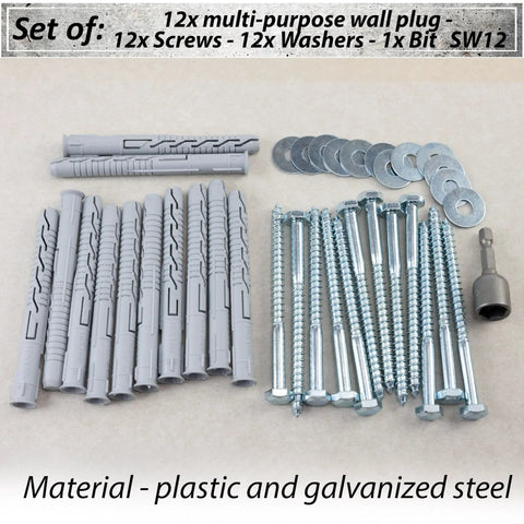 Heavy Duty Nylon Countersunk Flange Dowels 10mm x 100mm, 12 Screws 7mm x 100mm, Large Washers for M8 Bolts, and a One Quarter Inch Hex Socket Bit, 12 Piece Fastener Set for DIY, Wood, and Metal Projects. 12 nylon wall plugs, screws, washers, and bit laid out