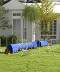 7 Piece Dog Agility Training Set For Backyard Fun with weave poles, tunnels, hurdles, jump ring, pause box, and whistle, blue setup