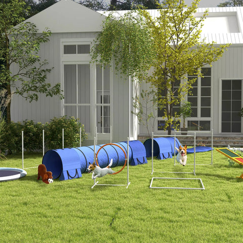 7 Piece Dog Agility Training Set For Backyard Fun with weave poles, tunnels, hurdles, jump ring, pause box, and whistle, blue setup