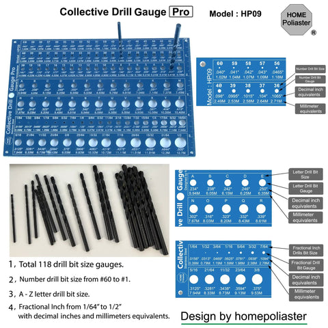 3 In 1 Stainless Steel Drill Bit Gauge Pro with 118 holes, ultra precise 0.0008 inches, blue PVD laser engraved finish displayed in set.