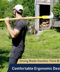 Person holding Heavy Duty 47 Inch Long Handle Weeding Sickle with 14.75 Inch Curved Steel Blade in a yard setting
