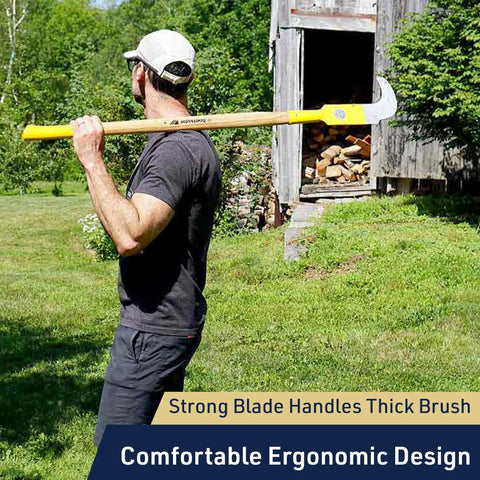 Person holding Heavy Duty 47 Inch Long Handle Weeding Sickle with 14.75 Inch Curved Steel Blade in a yard setting
