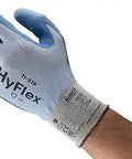HyFlex Ultra Thin Cut Resistant Work Gloves For Men And Women, Lightweight PU Coated in blue, worn on hand, large size
