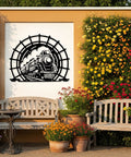 Old School Vintage Steam Train Metal Sign, Circular Iron Wall Art With Locomotive Silhouette on outdoor wall scene.