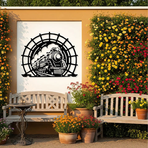 Old School Vintage Steam Train Metal Sign, Circular Iron Wall Art With Locomotive Silhouette on outdoor wall scene.