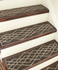 Non Slip Stair Treads Carpet Mats For Wooden Steps 10pcs Indoor Stair Runners With Polyester Fabric And TPE Backing Black Rhombus Design For Kids And Pets