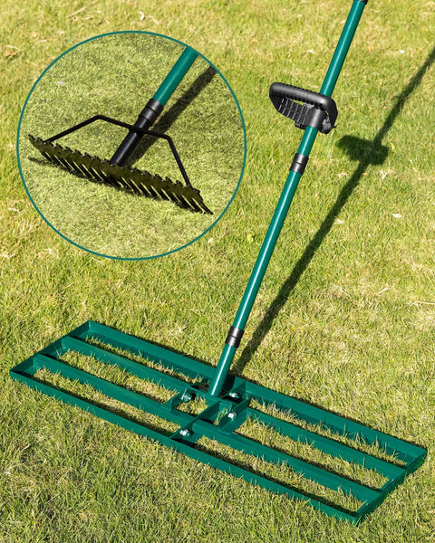 Lawn Leveling Rake 33x10 Inch With 78 Inch Adjustable Back Saving Handle Pro Grade Heavy Duty Stainless Steel Leveler Tool, shown on grass