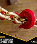 4 Pack Lever Style Chain Binders For 5/16 Inch Grade 70 And 3/8 Inch Grade 43 Chains, close-up of red hook with chain link.