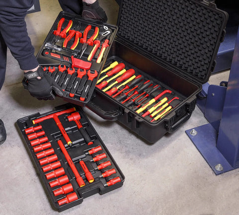 Open 1000V Insulated Tool Kit 3/8 Inch Drive, 50-Piece Electrical Hand Tool Set with sockets and pliers shown in case