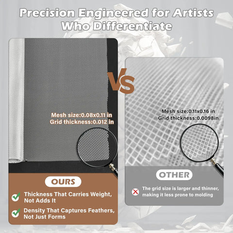 Comparison of Pro Sculpting Wire Mesh Roll 16x100 Inch Ultra Dense 0.08x0.11 with regular mesh, showing density and thickness.