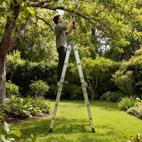 12.5 Foot Multi Purpose Folding Ladder For Home Roof RV And Painting, All In One 7 In 1 Aluminum Collapsible Extension Ladder With Large Joints, Adjustable Step Ladder, Lightweight And Rust Resistant, man pruning tree in garden