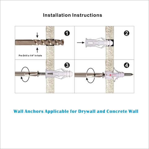 Installation instructions for All In One Concrete Wall Anchors And Stainless Steel Screws Kit on drywall and concrete