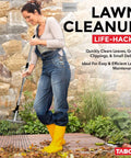 Woman using Adjustable Metal Rake With Collapsible Telescopic Handle for lawn cleanup of leaves and debris in garden.