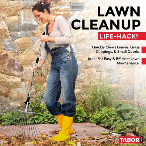 Woman using Adjustable Metal Rake With Collapsible Telescopic Handle for lawn cleanup of leaves and debris in garden.