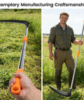 20 Inch Scythe Tool For Grass Cutting With Adjustable Dual Hand Grip displayed in field and held by user, 61-Inch Reach.