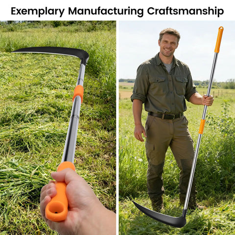 20 Inch Scythe Tool For Grass Cutting With Adjustable Dual Hand Grip displayed in field and held by user, 61-Inch Reach.