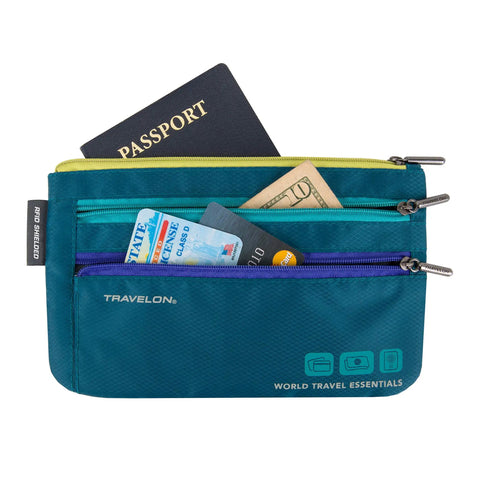 World Travel Essentials Dual RFID Passport And Currency Organizers With Colorful Zippers containing passport, cash, and cards, teal color.