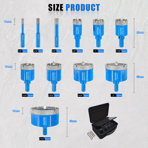 Diamond Hole Saw Kit With Pilot Bit For Marble Granite Ceramic Porcelain Tile And More, 11 Piece Diamond Tile Drill Set sizes labeled.