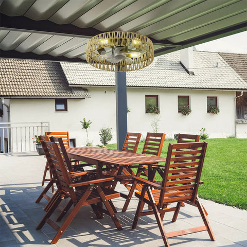 5 Pc Blades Ceiling Fan with Remote Control, Low Profile Flush Mount installed above a wooden dining table in a patio setting.