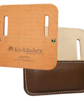 TIKO Tie Wire Reel Pad With Lightweight Leather Hip Pad for ironworkers, featuring dual slots, brown leather, front and back view.