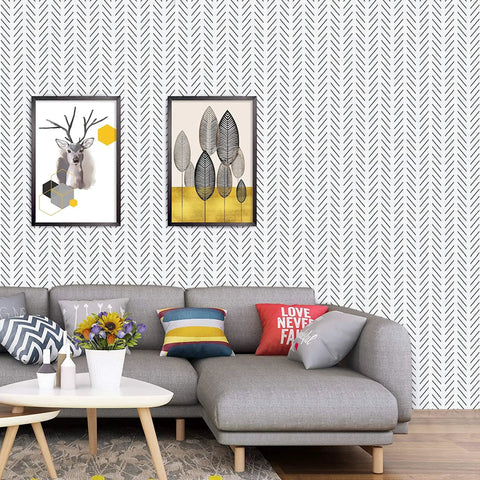 Living room with black and white peel and stick wallpaper geometric herringbone vinyl self adhesive contact paper for bathroom