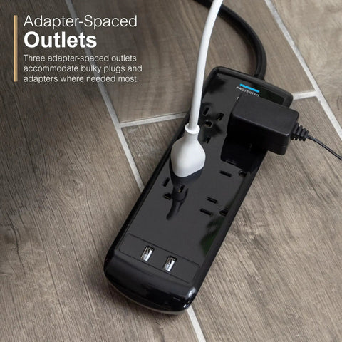 7-Outlet Surge Protector With 2 USB Ports, 3 Ft Flat-Plug Extension Cord, 1780-Joule Protection, adapter-spaced outlets in use