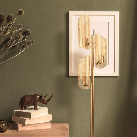 LED Tree Floor Lamp With 3 Light Heads In Brass Finish, Metal Cage Shade, Tall Standing Lamp For Living Room, Bedroom Or Office Modern Industrial Vibe, Mid Century Modern Style, Cozy, Bright Illumination