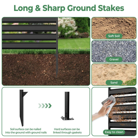 Diagram showing installation of Black Metal Outdoor Privacy Screen Fence Panels 42 Inch High 38 Inch Wide Two Panel Enclosure For Air Conditioner Trash Can Pool Equipment Garden Patio Privacy Fence For Outside No Frills Heavy Duty with long stakes for various soil types and easy cleaning