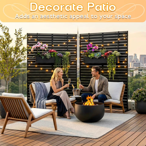 Heavy Duty Metal Privacy Screen 72 Inch High By 47.2 Inch Wide With Stand For Balcony Deck Patio Lawn Garden Outdoor Privacy Fence Panel Black Louvered in outdoor setting with people