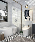 Modern bathroom with tub and shower faucet kit with 9-setting rain shower head in chrome finish, single-handle trim kit, and tub spout.