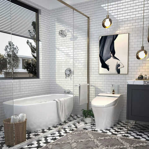 Modern bathroom with tub and shower faucet kit with 9-setting rain shower head in chrome finish, single-handle trim kit, and tub spout.