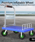 Heavy Duty 8 Inch Pneumatic Wheel Casters Set Of 4 With Thick Rubber Tires And Built Tough Galvanized Brackets Delivering Zero Noise Swivel And Rigid Motion For Smooth Cart Rolling on a blue cart.