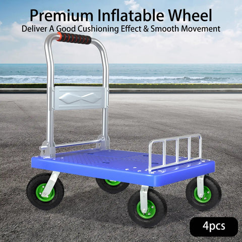 Set Of Four 10 Inch Heavy Duty Caster Wheels Featuring Shock Absorbing Pneumatic Tires And Dual Ball Bearings on a utility cart.