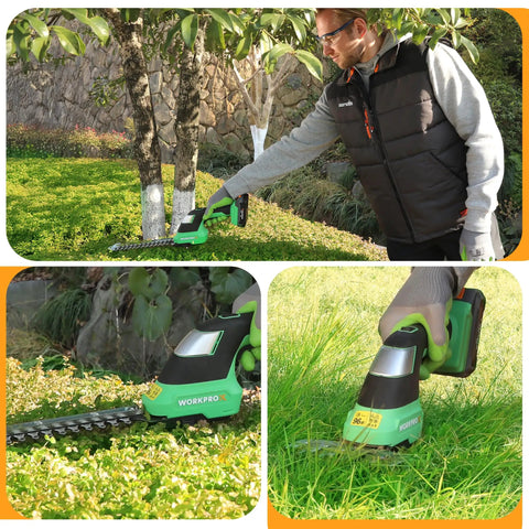 Man using 20V Cordless Grass Shear And Shrub Trimmer 2-In-1 Handheld Electric Hedge Cutter in garden for yard work