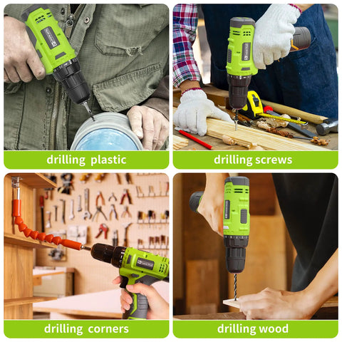 12V Cordless Drill Set With Battery And Charger, LED Work Light, drilling plastic, screws, corners, and wood