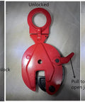 Vertical Plate Clamp Workhorse Heavy Duty Lifting Clamp With Lock Handle showing locked, unlocked, jaw opened states