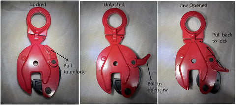 Vertical Plate Clamp Workhorse Heavy Duty Lifting Clamp With Lock Handle showing locked, unlocked, jaw opened states