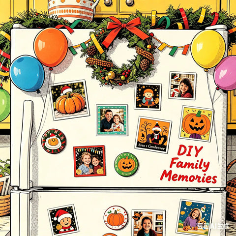 Bulk Square Magnet Maker Kit For DIY Projects 2x2 Inch 50x50mm Cardboard Backing on a fridge with festive magnets and photos