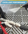 Beefy 3/8 Inch Quick Connect Ball Valve Kit for Pressure Washer Hose showing high pressure shut off in action on grid surface