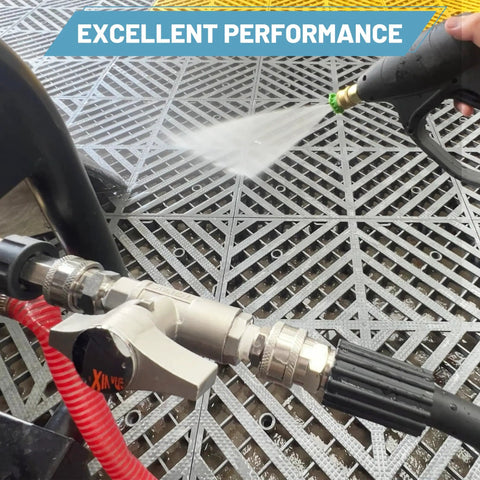 Beefy 3/8 Inch Quick Connect Ball Valve Kit for Pressure Washer Hose showing high pressure shut off in action on grid surface