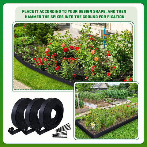 Durable 246 Ft Garden Landscape Edging Kit with rolls and spikes in flower bed installation.