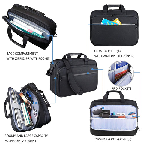Expandable Water Repellent Laptop Briefcase For 17.3 Inch Laptop With RFID Pockets And Padded Compartments in black material