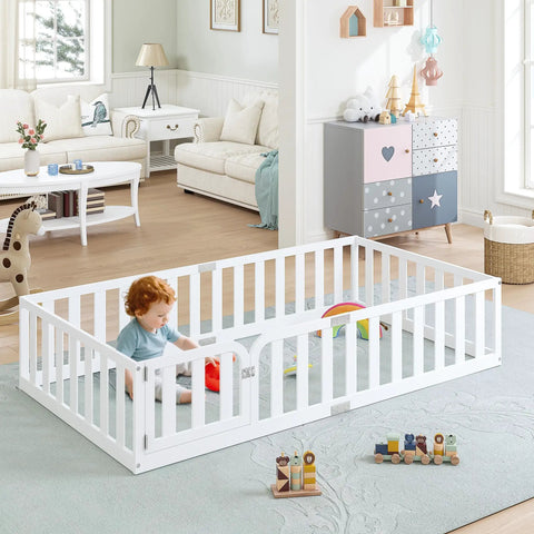 Twin Size Solid Wood Montessori Floor Bed Frame With Secure Guard Rail And Playful Front Door Design, child playing inside with toys.