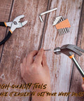 Person using hammer from 39 Piece Home Tool Set With Plastic Toolbox Storage Case Orange For DIY Projects And Everyday Household Repairs Includes Hammer Pliers Screwdrivers Tape Measure And More With Sturdy Heat Treated Chrome Plated Tools on wooden surface. Display of tools including pliers and hex keys in background.