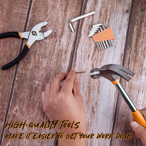 Person using hammer from 39 Piece Home Tool Set With Plastic Toolbox Storage Case Orange For DIY Projects And Everyday Household Repairs Includes Hammer Pliers Screwdrivers Tape Measure And More With Sturdy Heat Treated Chrome Plated Tools on wooden surface. Display of tools including pliers and hex keys in background.