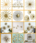Various styles of brass wall decor including starburst and floral designs displayed in a grid