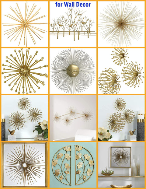 Various styles of brass wall decor including starburst and floral designs displayed in a grid